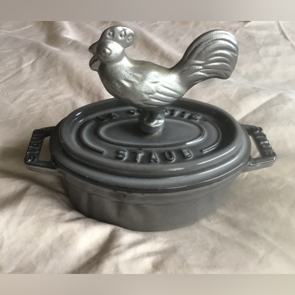 Staub Grey Rooster Mini Cocotte with Silver Rooster Knob